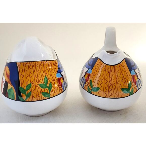 Creamer and Sugar Bowl with Lid Set-Sango-"Cafe Paris"-White-Multicolor Design - Picture 4 of 10